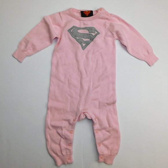 6-12 Months Pink Superman Supergirl Knit Romper - Picture 1 of 8